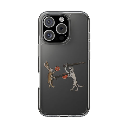 Fruit Fight – Medieval Bunny vs Dog Phone Case – Illuminated Manuscript Battle Scene – Weird Animal Combat Aesthetic