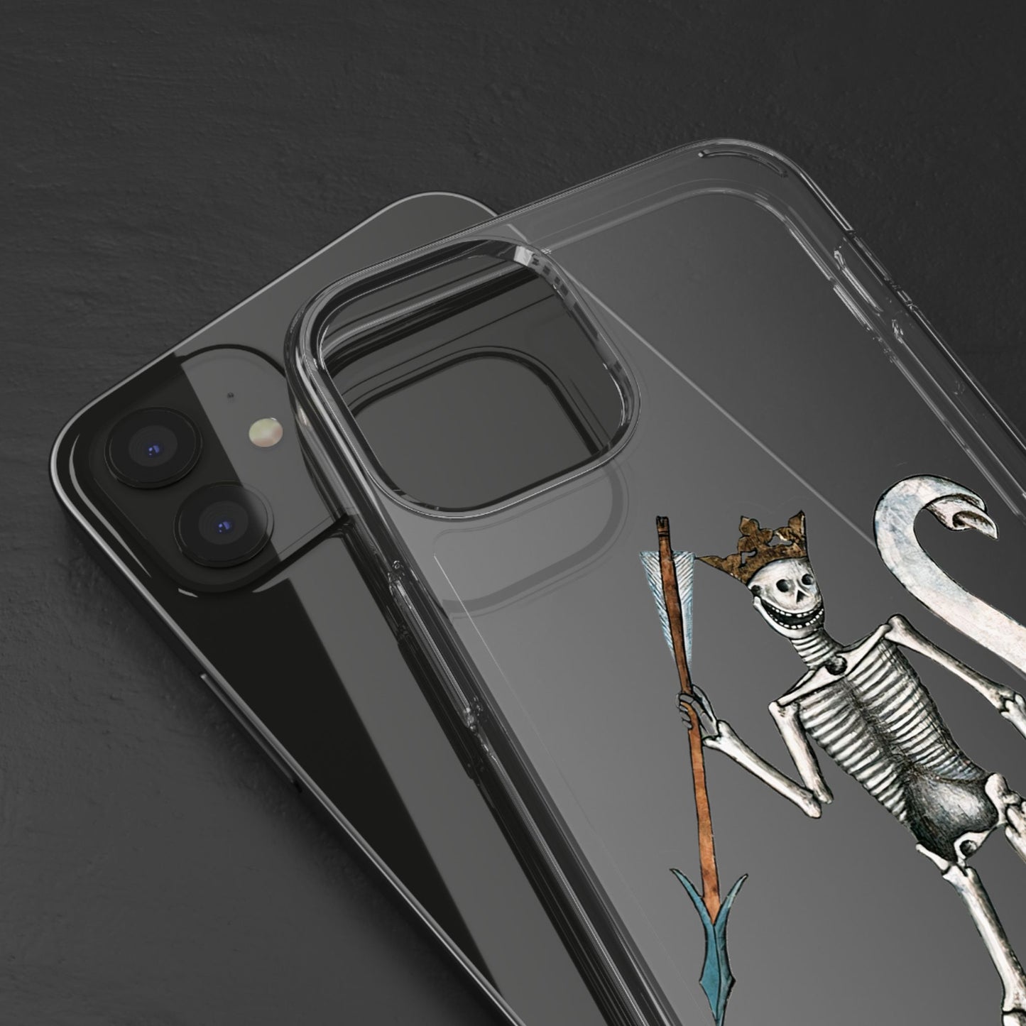 Medieval Skeleton King Phone Case – Gothic Funny iPhone Cover – Vintage Manuscript Art with Crown & Spear – Dark Academia Gift