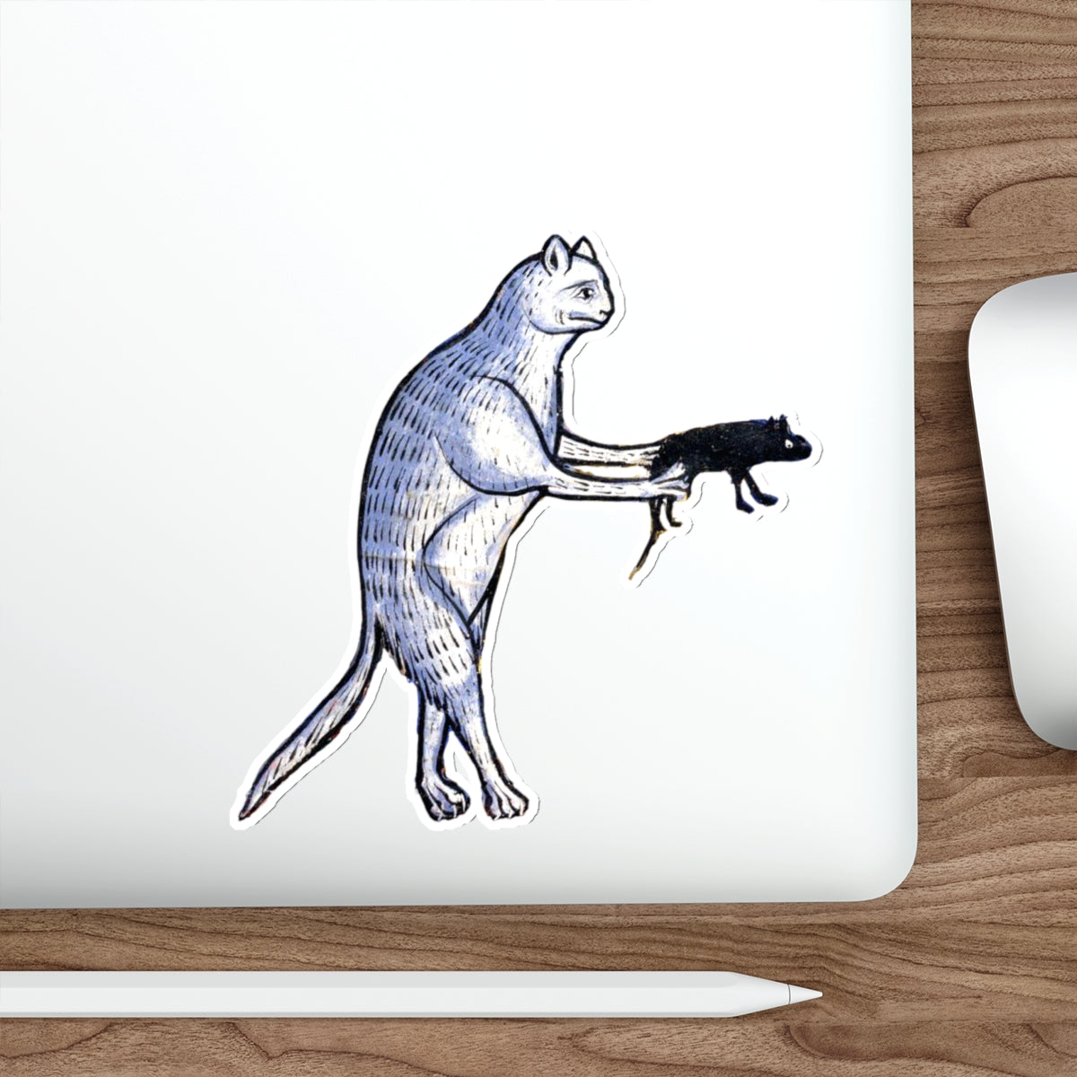 Medieval Cat Sticker – Funny Cat Holding Mouse Sticker – Weird Medieval Marginalia Cat – Aesthetic Laptop Sticker – Quirky Animal Decal