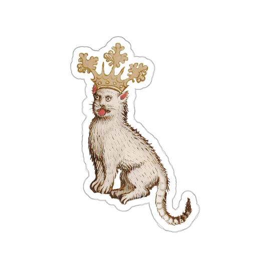 Medieval Crowned Cat Sticker - Funny Royal Animal Cover - Whimsical Manuscript Illustration - Unique Gift for Cat Lovers